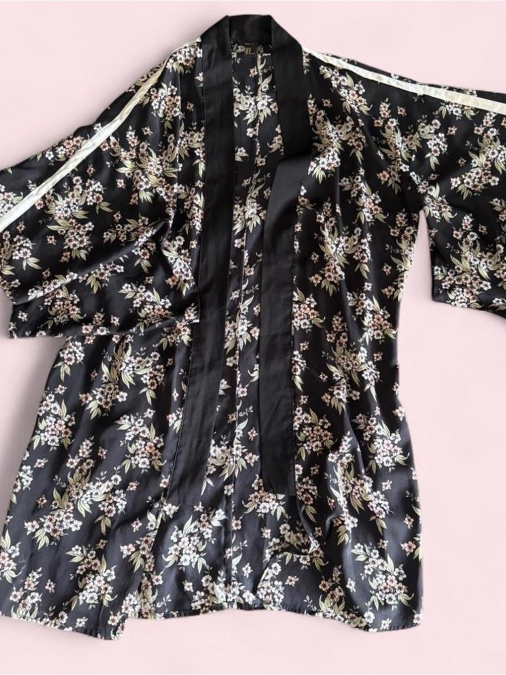 Floral Satin Kimono - Black